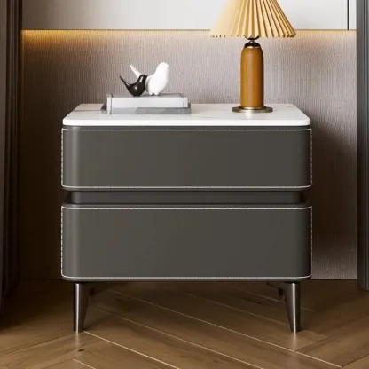 Modern Faux Leather Stone Top 2-Drawer Nightstand Image - 1