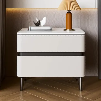 Modern Faux Leather Stone Top 2-Drawer Nightstand Image - 2