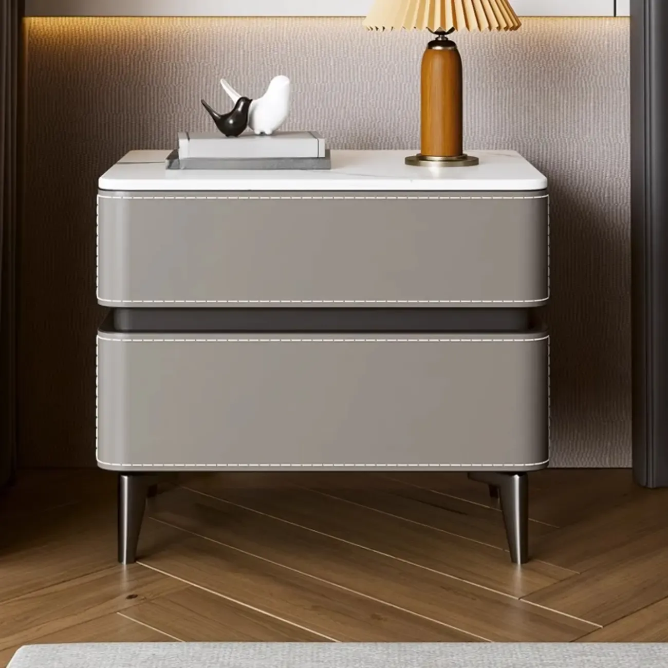 Modern Faux Leather Stone Top 2-Drawer Nightstand Image - 4