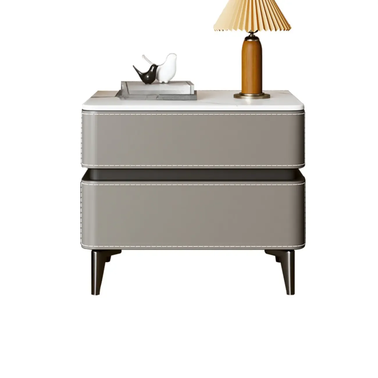 Modern Faux Leather Stone Top 2-Drawer Nightstand Image - 5