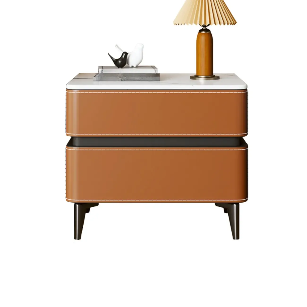 Modern Faux Leather Stone Top 2-Drawer Nightstand Image - 7