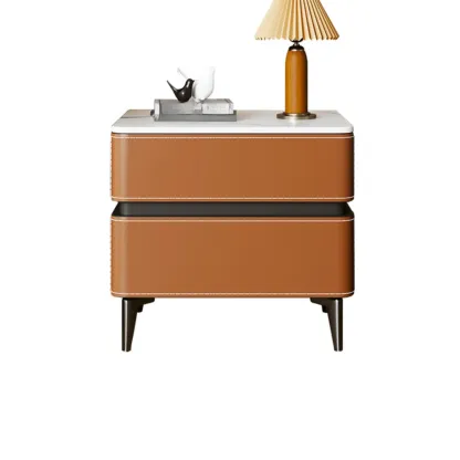Modern Faux Leather Stone Top 2-Drawer Nightstand Image - 8