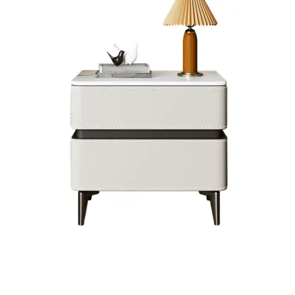 Modern Faux Leather Stone Top 2-Drawer Nightstand Image - 14