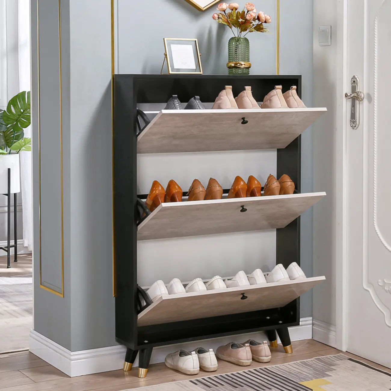Black Drop Front Shoe Cabinet with Sliding Doors Image - 2 | homeyfad