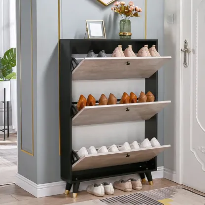 Black Drop Front Shoe Cabinet with Sliding Doors Image - 2