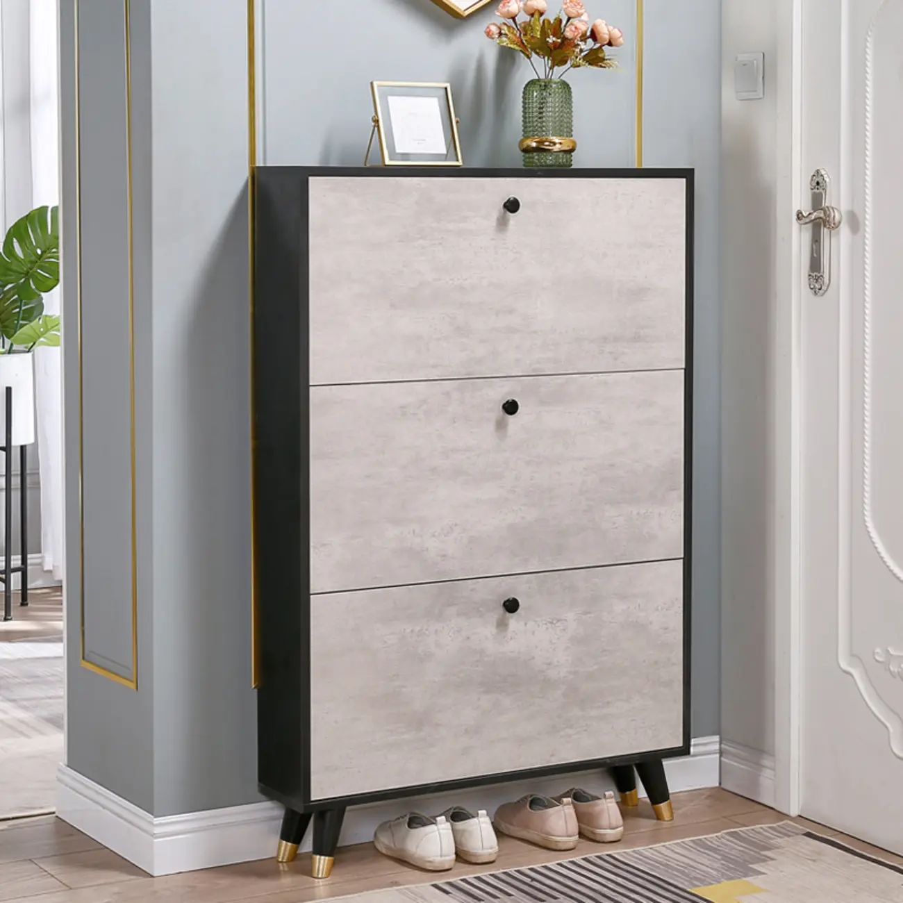 Black Drop Front Shoe Cabinet with Sliding Doors Image - 4 | homeyfad