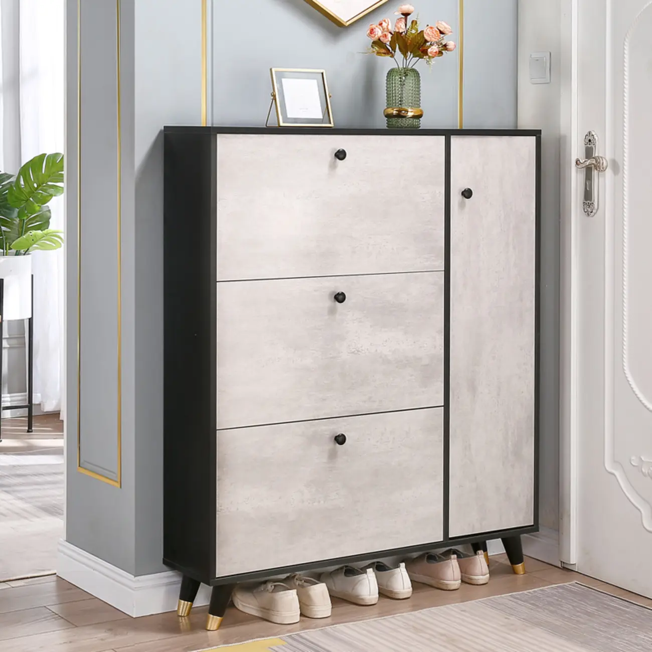 Black Drop Front Shoe Cabinet with Sliding Doors Image - 5 | homeyfad