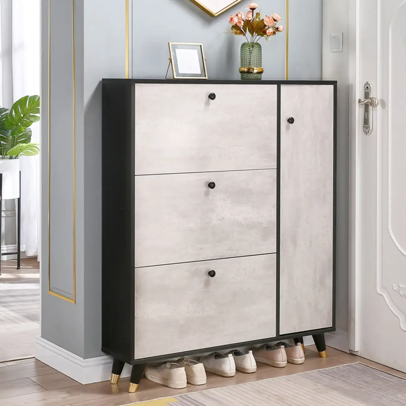 Black Drop Front Shoe Cabinet with Sliding Doors Image - 5