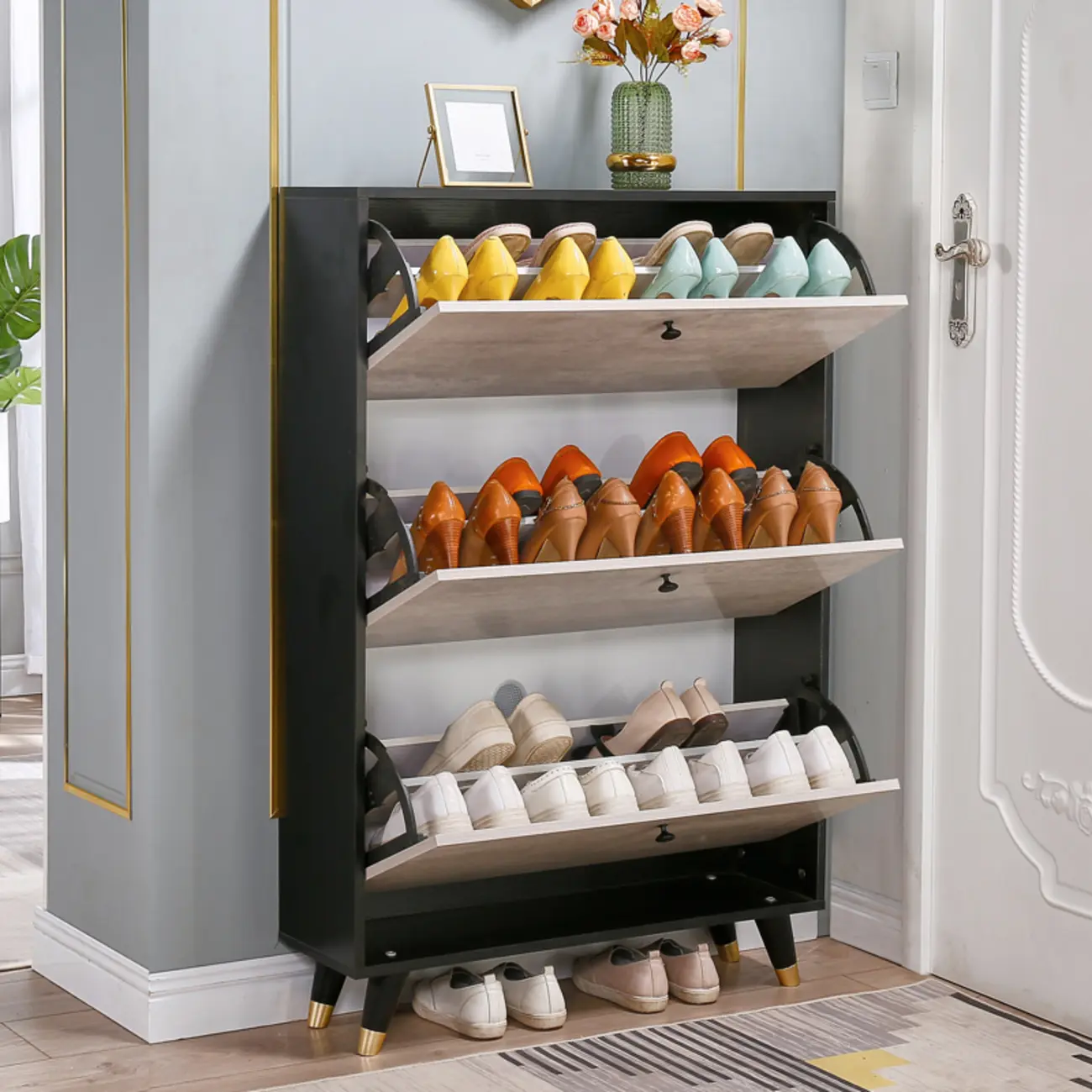 Black Drop Front Shoe Cabinet with Sliding Doors Image - 3 | homeyfad