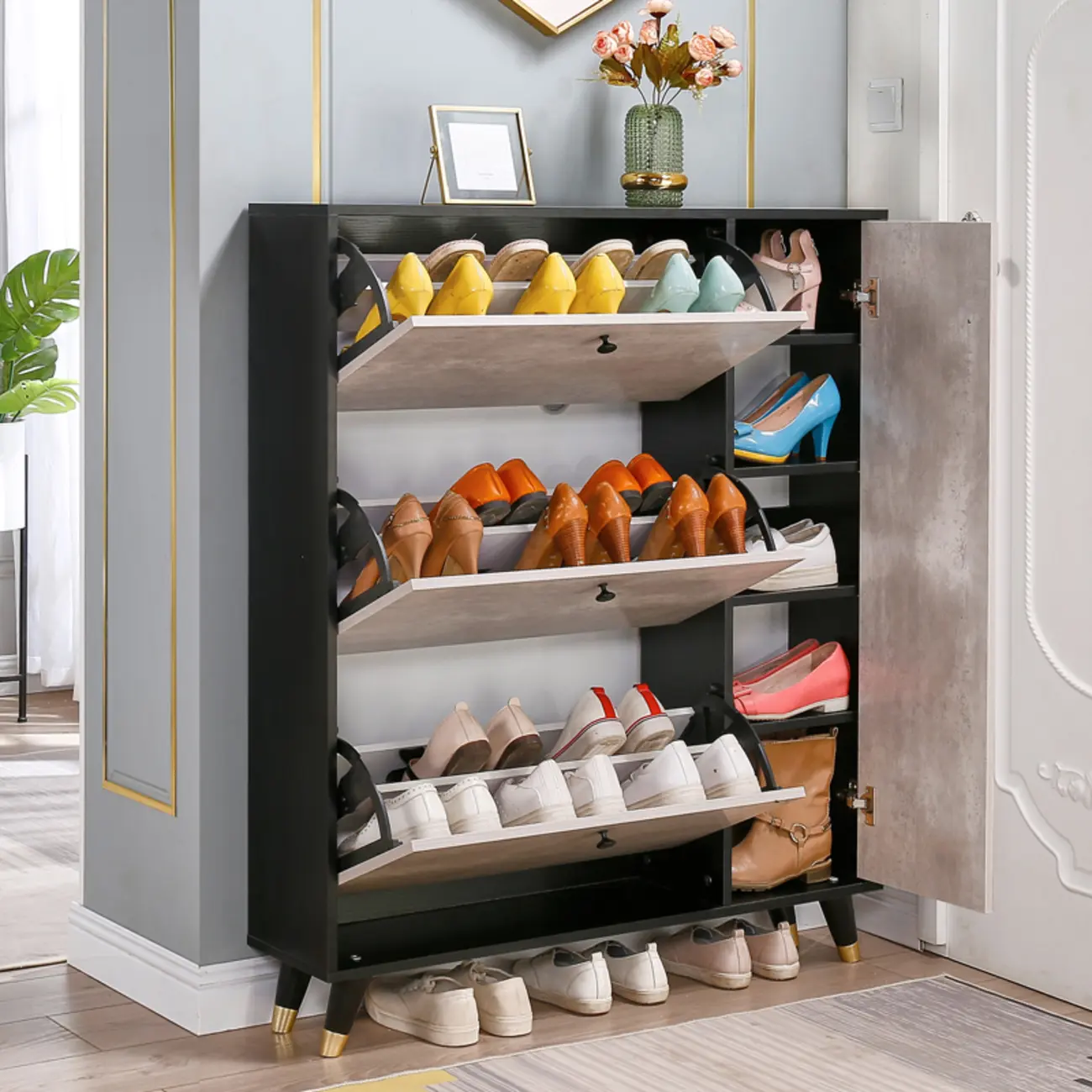 Black Drop Front Shoe Cabinet with Sliding Doors Image - 1 | homeyfad