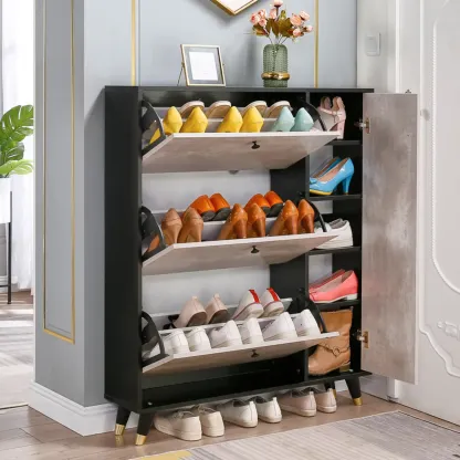 Black Drop Front Shoe Cabinet with Sliding Doors Image - 1