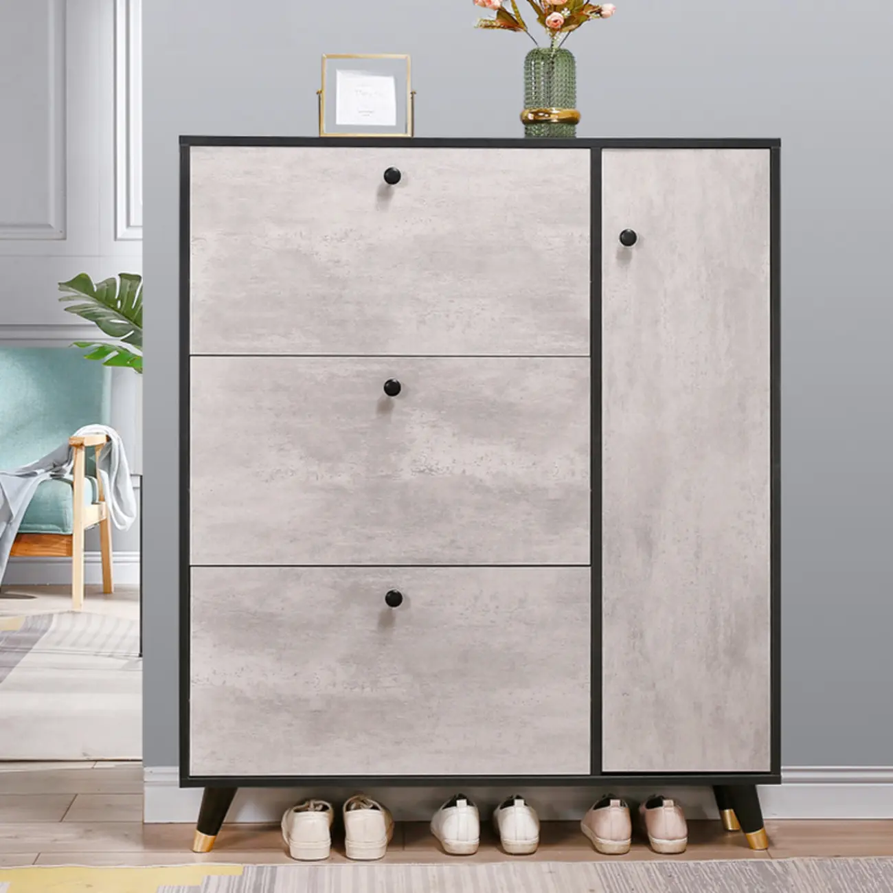 Black Drop Front Shoe Cabinet with Sliding Doors Image - 6 | homeyfad