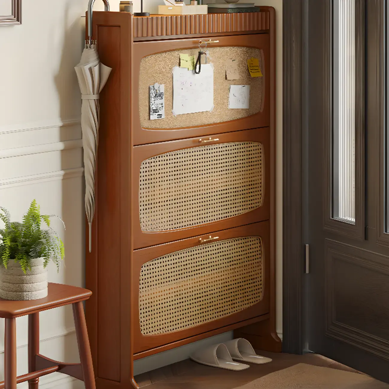 Entryway 3-Tier Drop-Front Rattan Solid Wood Shoe Cabinet Image - 1