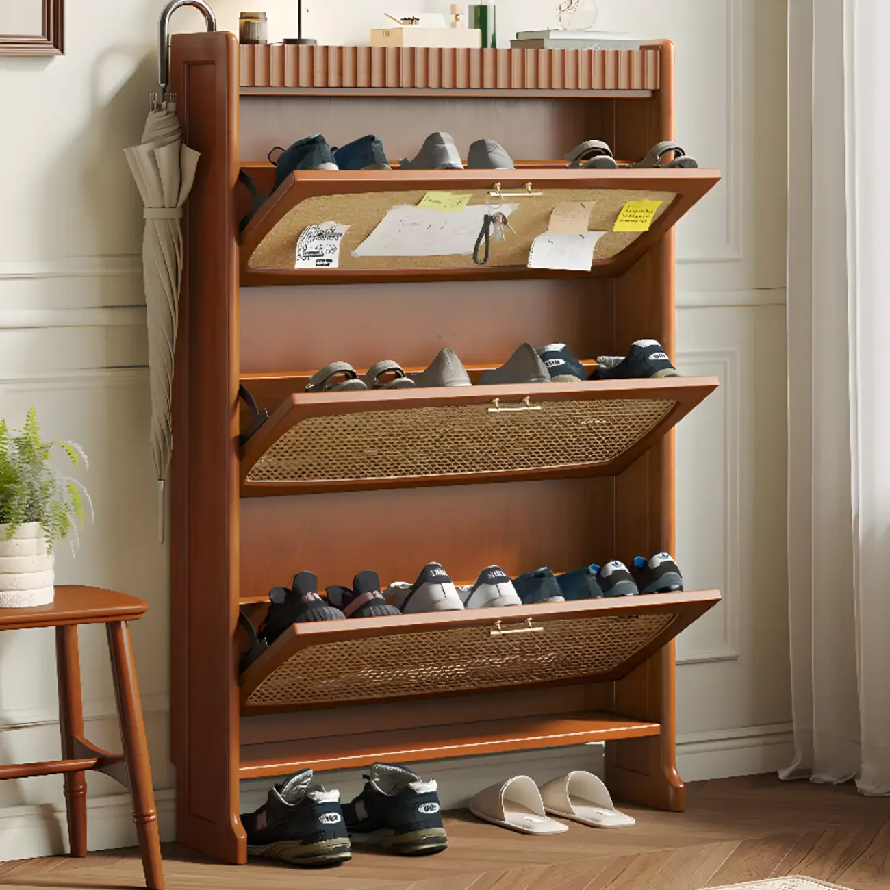 Entryway 3-Tier Drop-Front Rattan Solid Wood Shoe Cabinet Image - 2