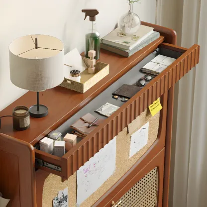 Entryway 3-Tier Drop-Front Rattan Solid Wood Shoe Cabinet Image - 4