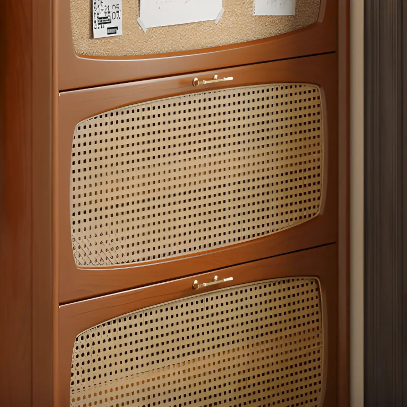 Entryway 3-Tier Drop-Front Rattan Solid Wood Shoe Cabinet Image - 6