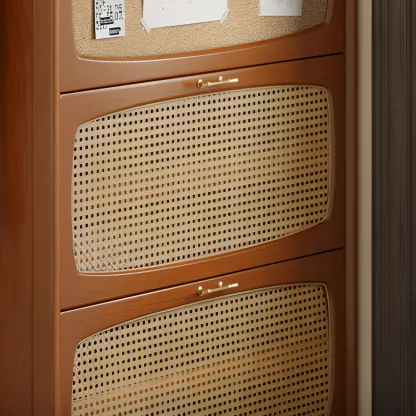 Entryway 3-Tier Drop-Front Rattan Solid Wood Shoe Cabinet Image - 6
