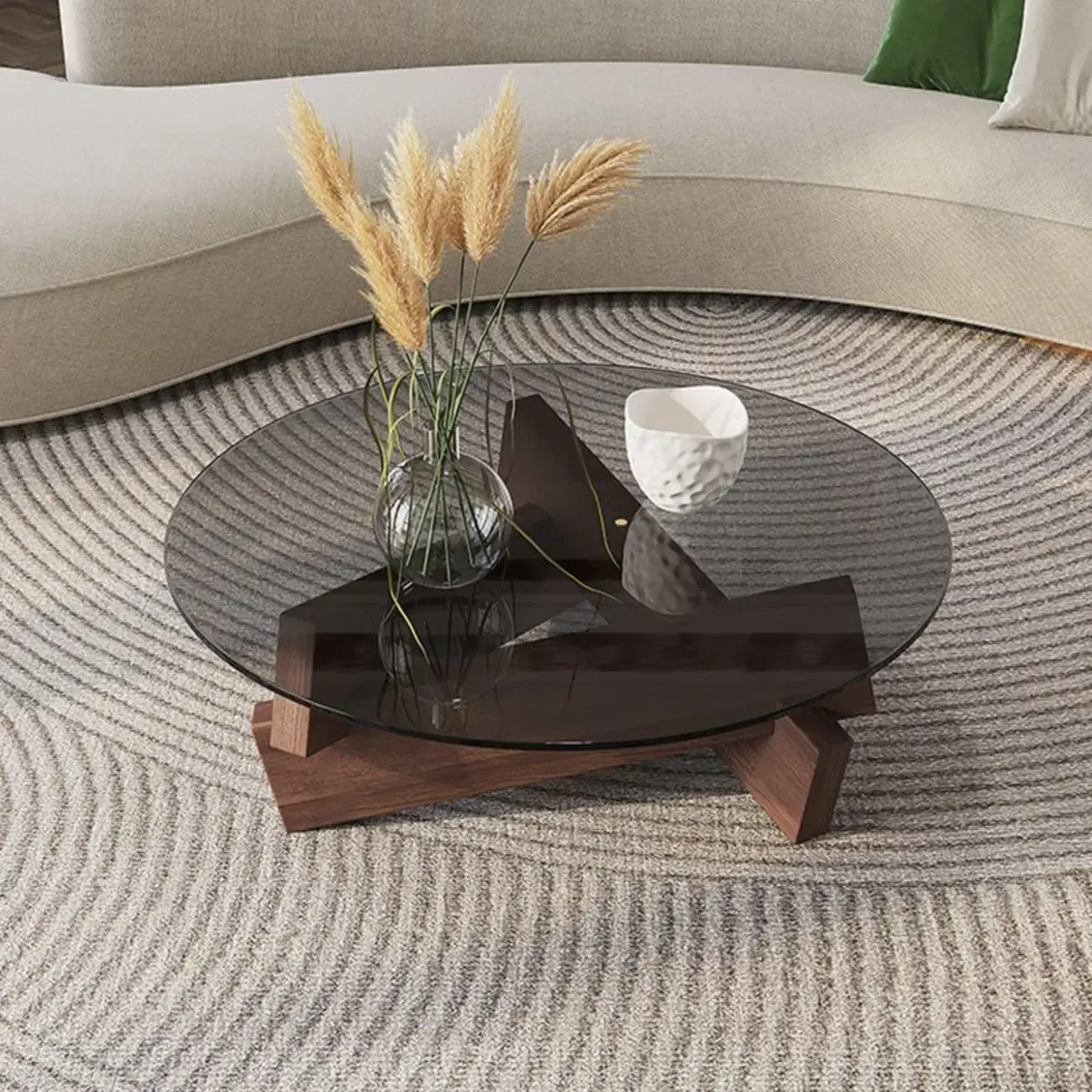 Minimalist Rubberwood Round Glass Coffee Table Image - 1