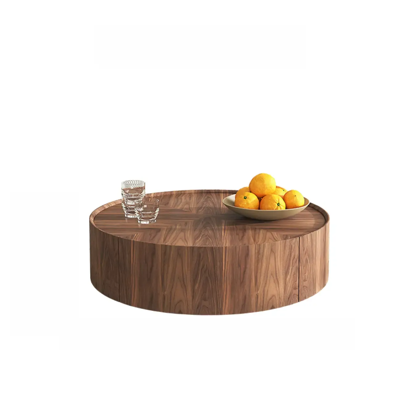 Brown Round Wood Tray Top 2 Drawers Coffee Table Image - 5