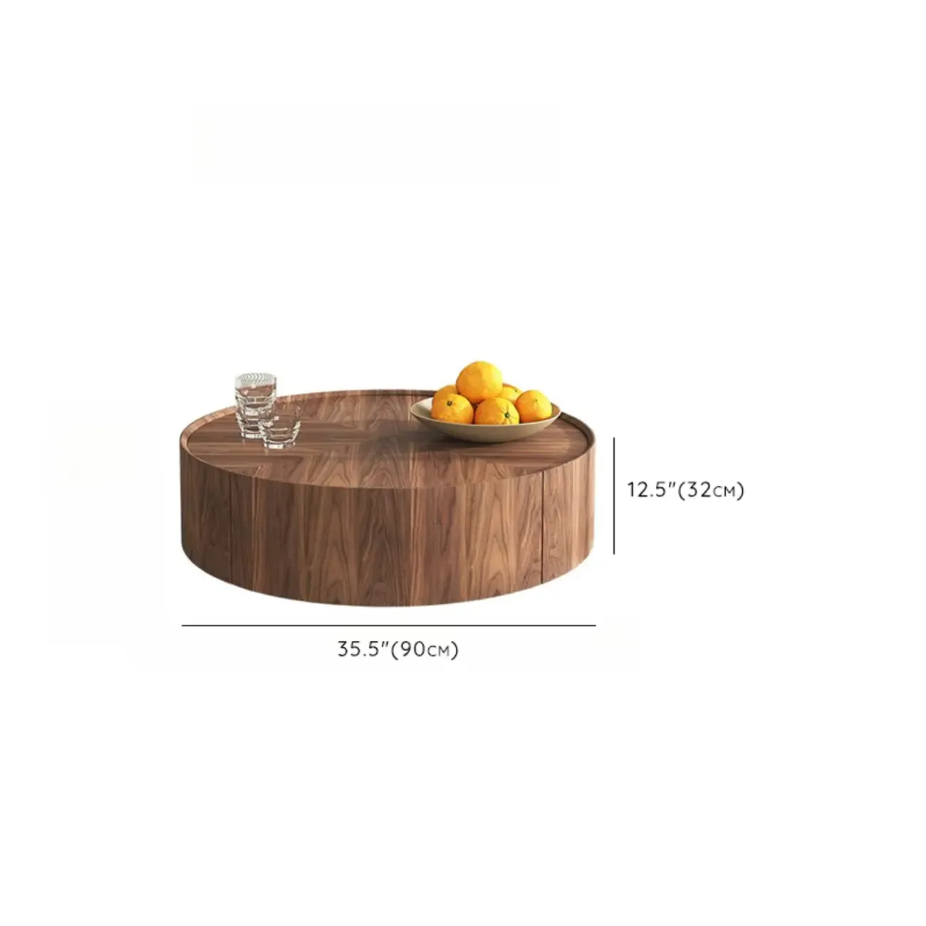 Brown Round Wood Tray Top 2 Drawers Coffee Table Image - 7