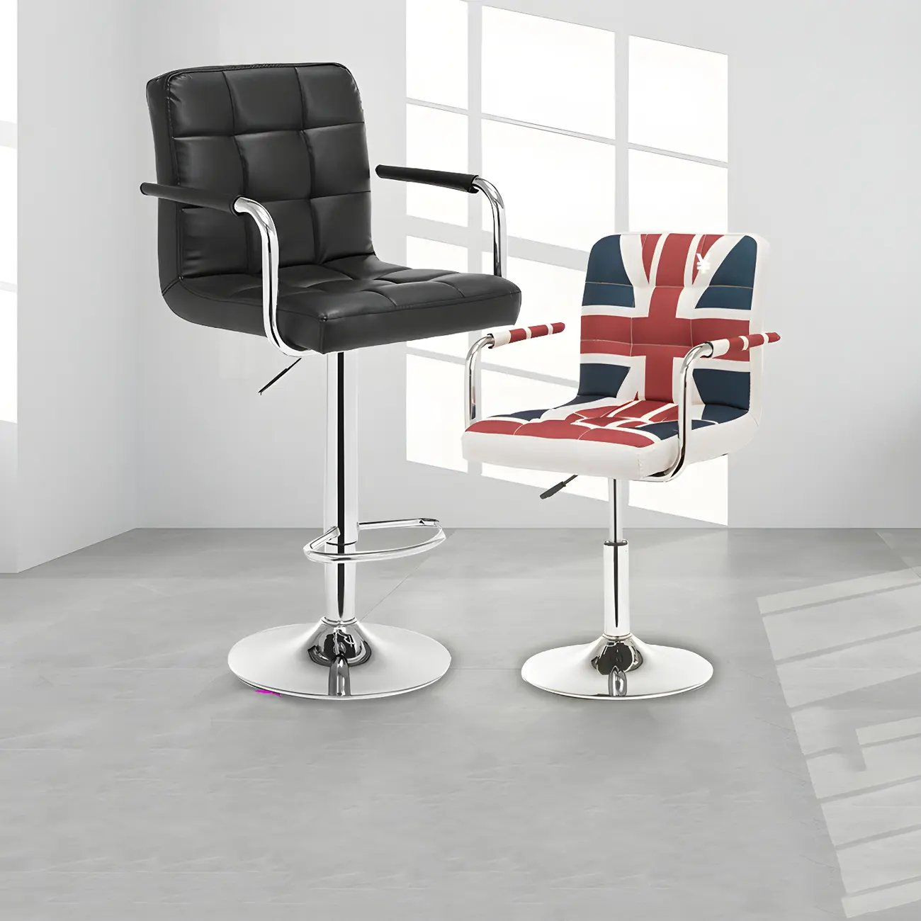 Adjustable Black Leather Swivel Armrest Bar Stools with Back Image - 1 | homeyfad