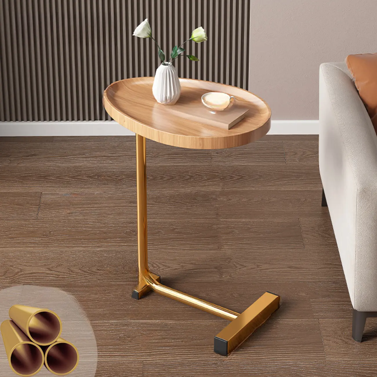Modern Wooden End Table with Oval Top and Metal Base for Home Image - 1 | homeyfad