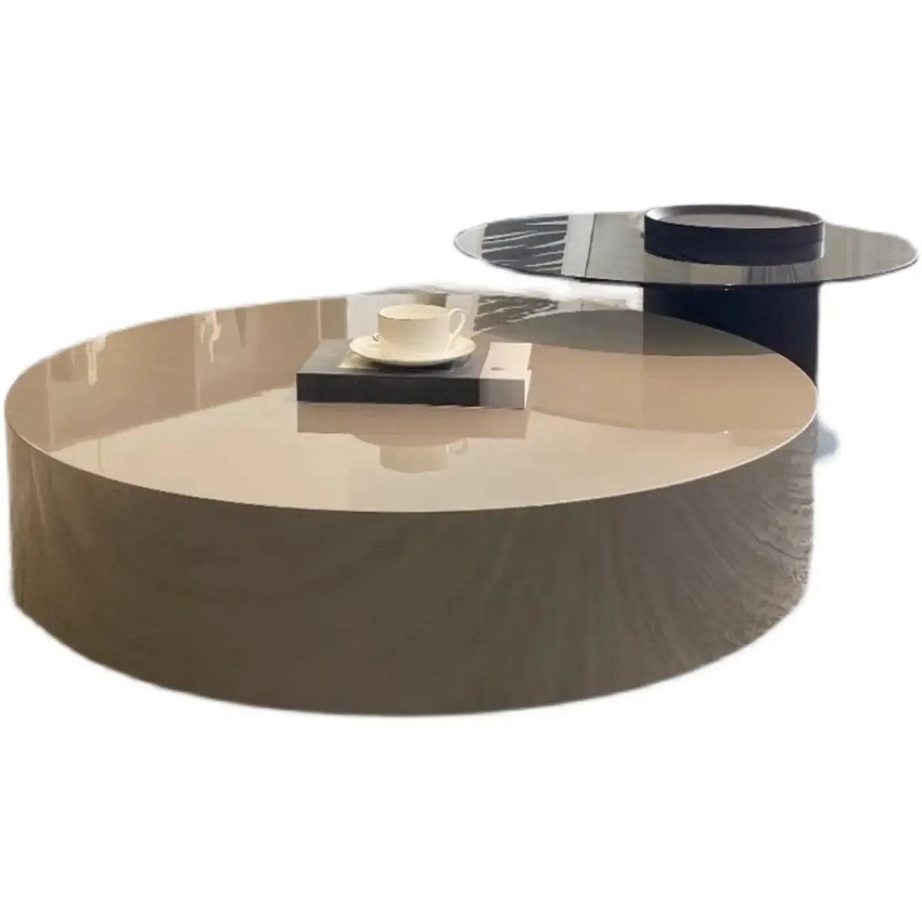 Khaki Round Wood Storage Nesting Coffee Table Image - 6