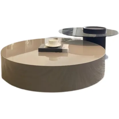 Khaki Round Wood Storage Nesting Coffee Table Image - 6