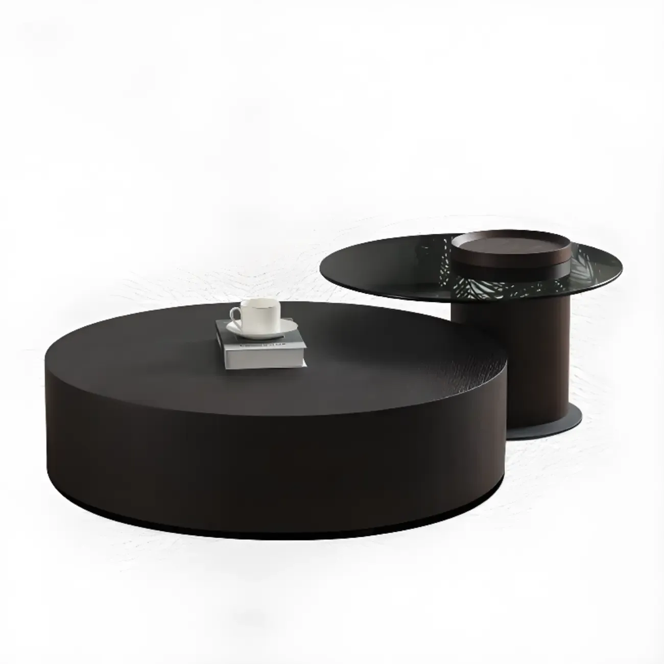 Khaki Round Wood Storage Nesting Coffee Table Image - 7