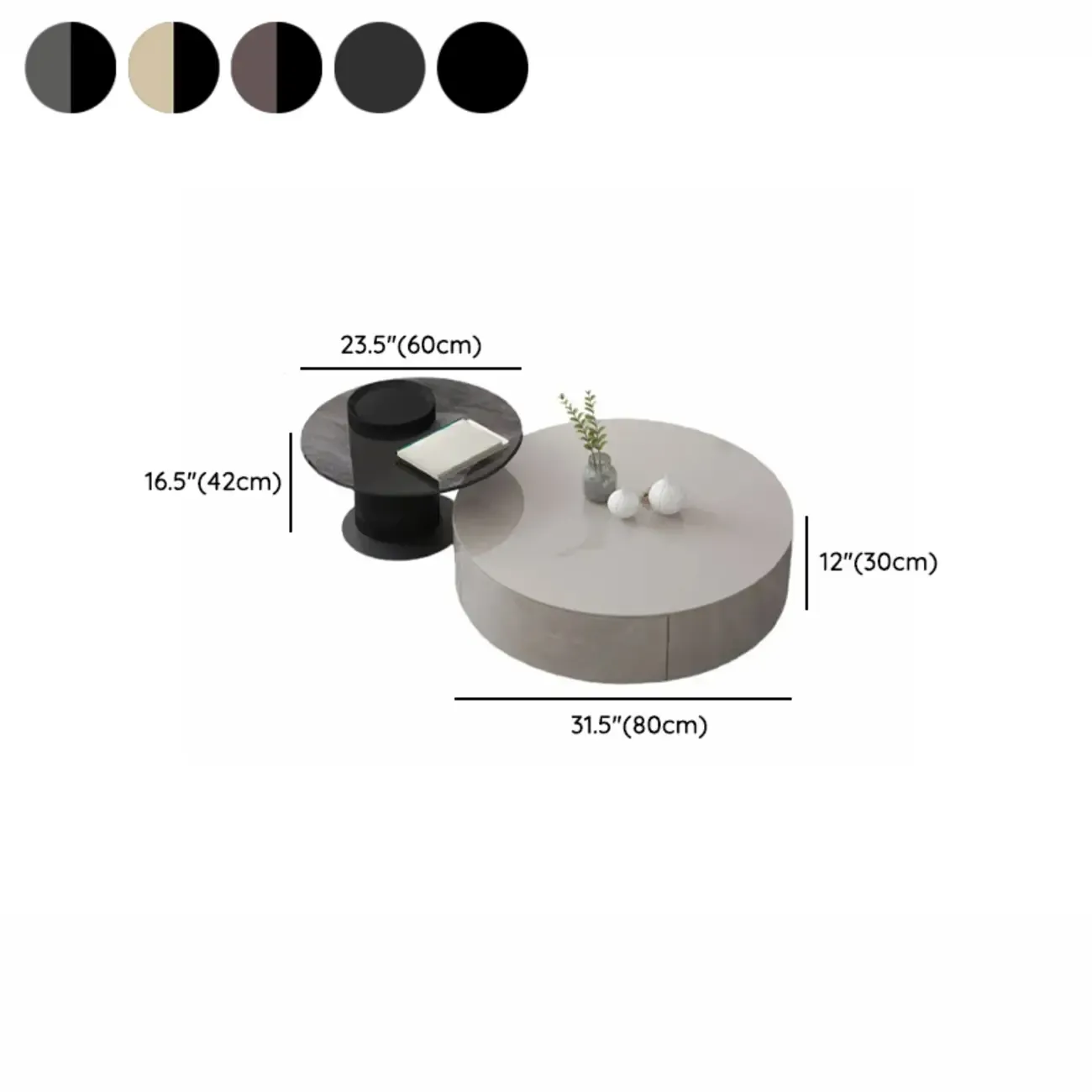 Khaki Round Wood Storage Nesting Coffee Table #size