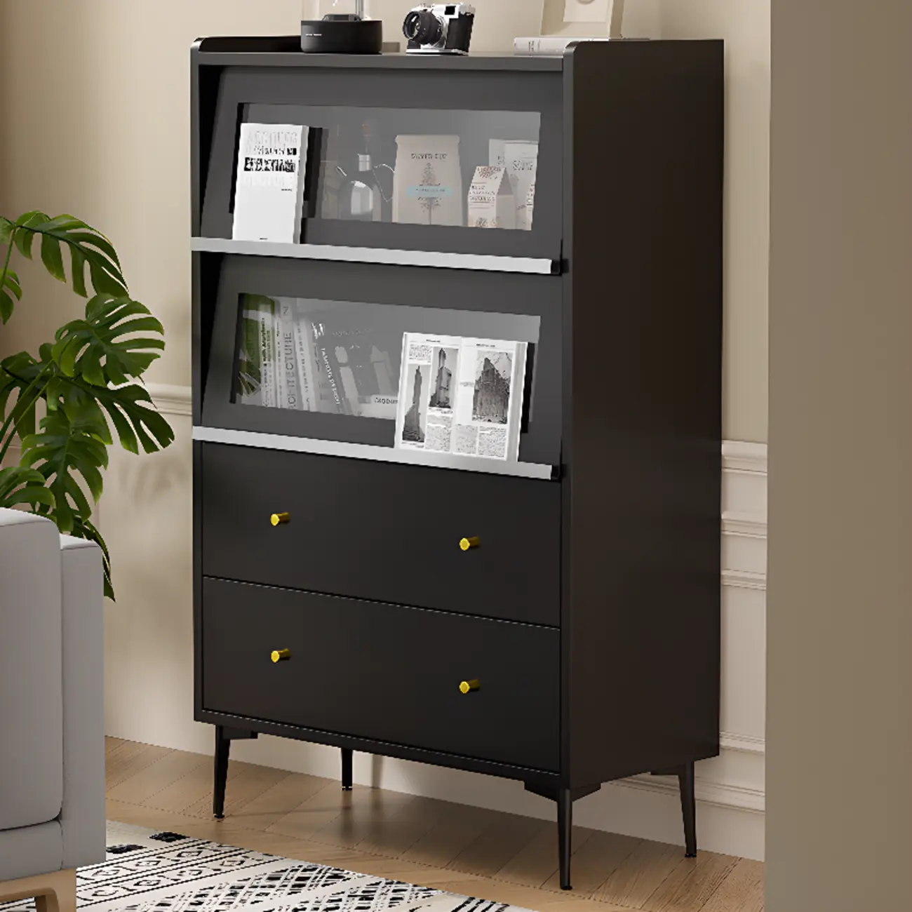 Modern Black Wood Flipped Glass Display Storage Cabinet Image - 4 | homeyfad