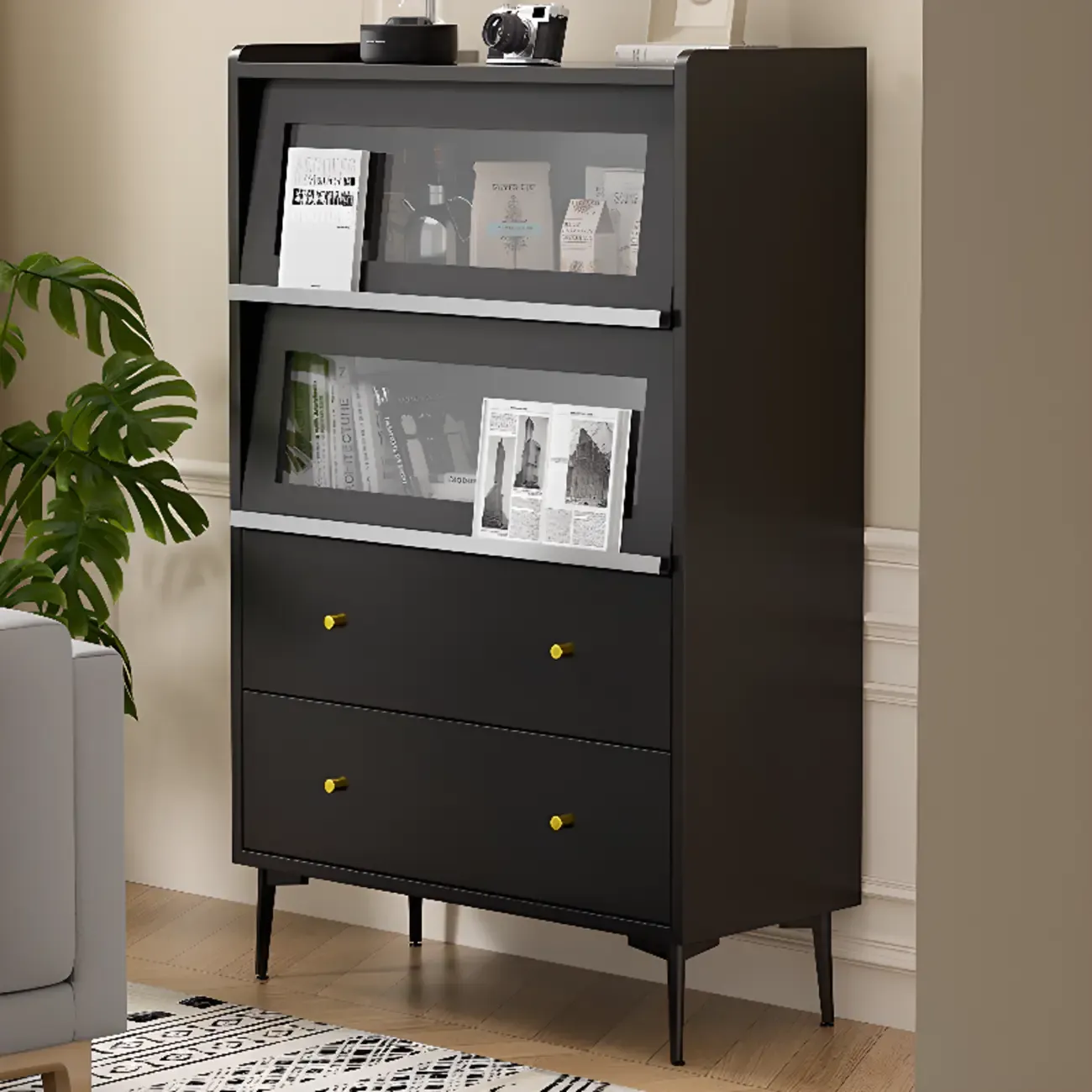 Modern Black Wood Flipped Glass Display Storage Cabinet Image - 4