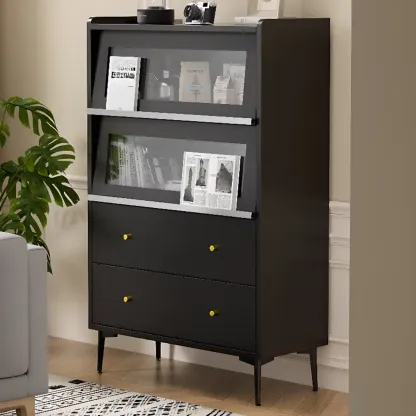 Modern Black Wood Flipped Glass Display Storage Cabinet Image - 4