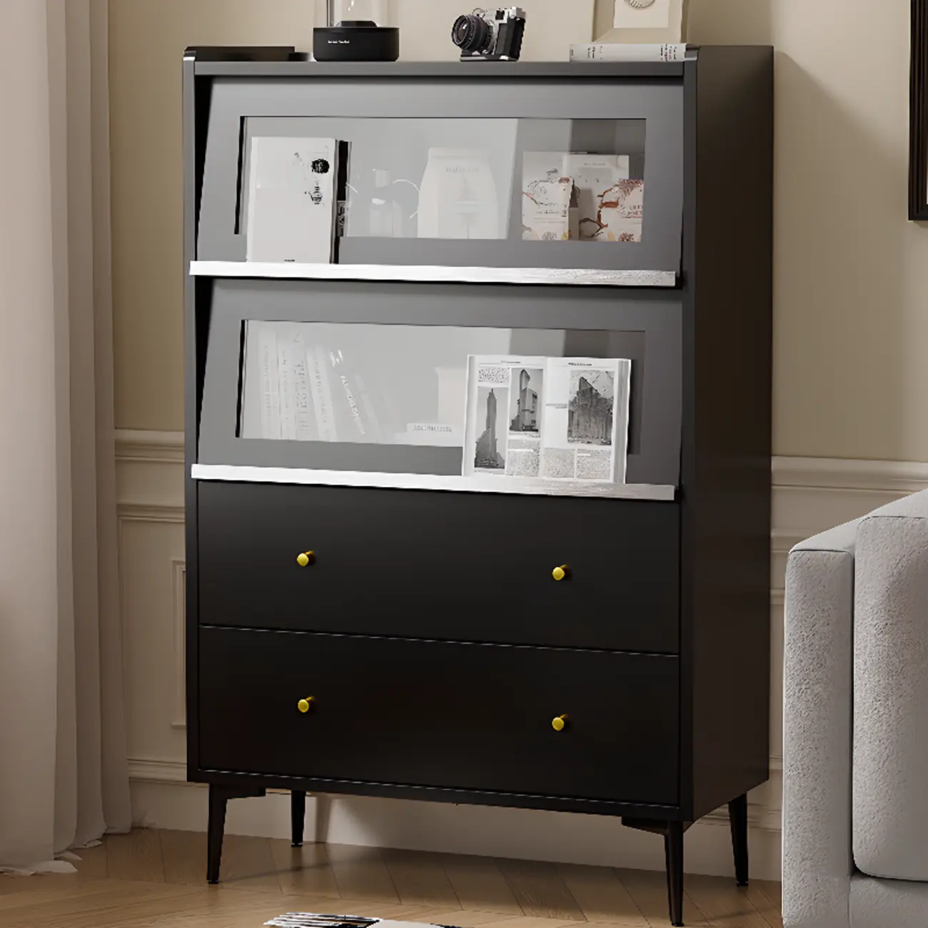 Modern Black Wood Flipped Glass Display Storage Cabinet Image - 6 | homeyfad