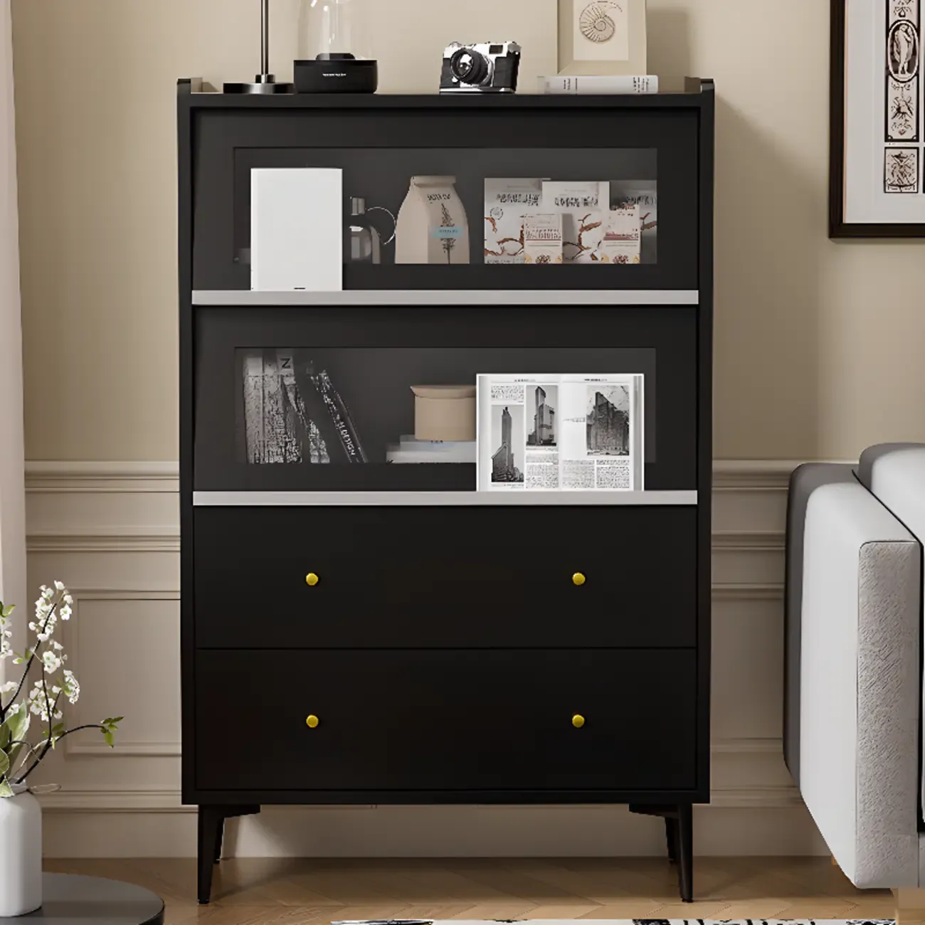 Modern Black Wood Flipped Glass Display Storage Cabinet Image - 8