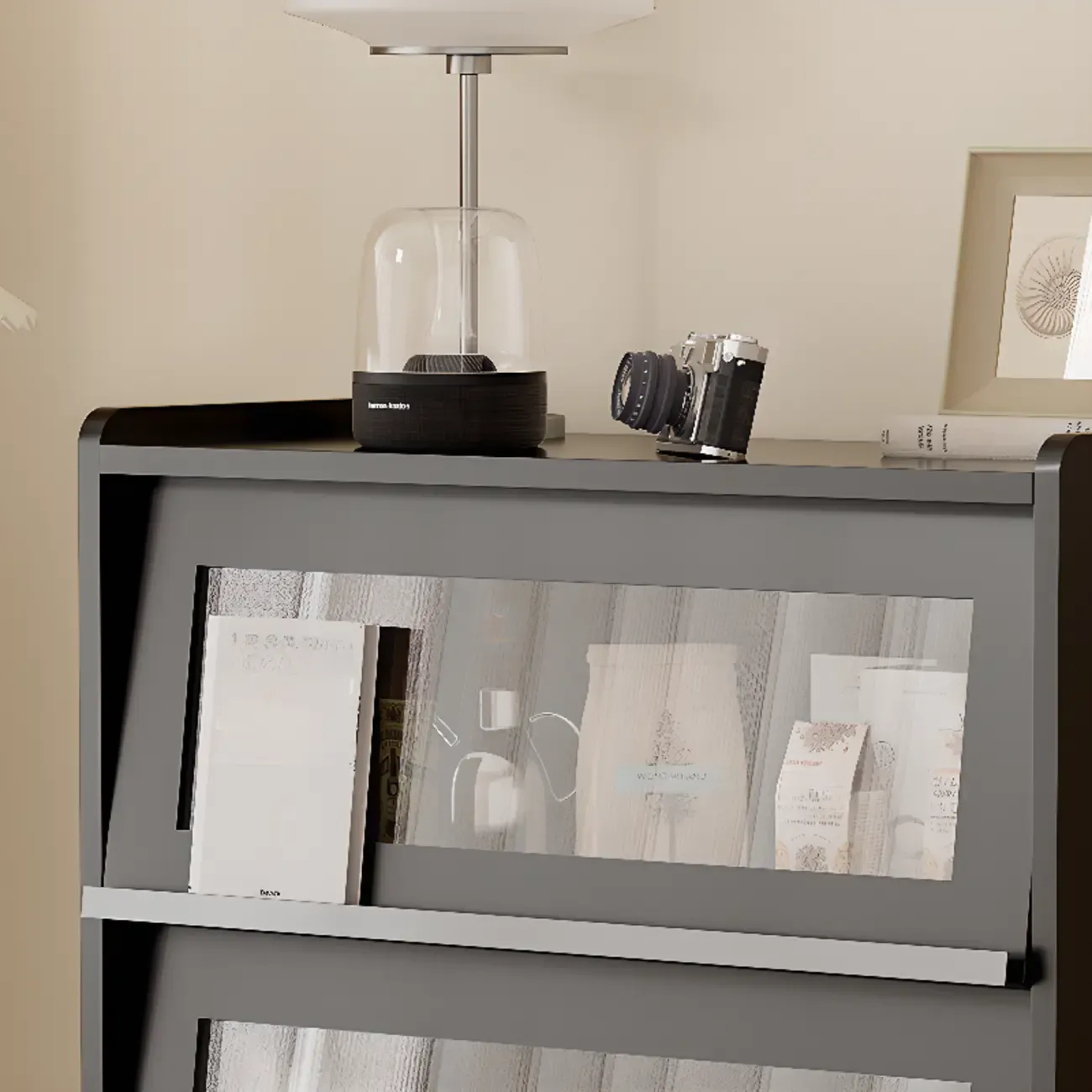 Modern Black Wood Flipped Glass Display Storage Cabinet Image - 12