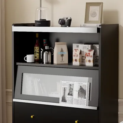 Modern Black Wood Flipped Glass Display Storage Cabinet Image - 13