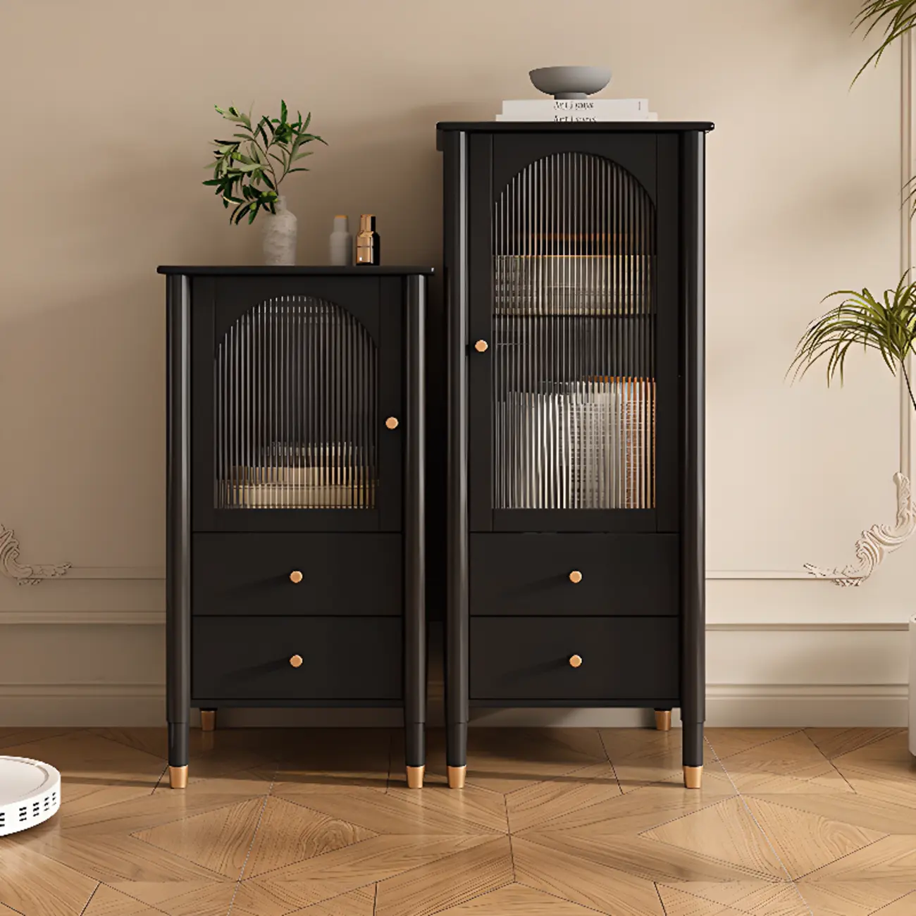 Modern Black Gold Wood Adjustable Shelves Glass Door Cabinet Image - 1 | homeyfad