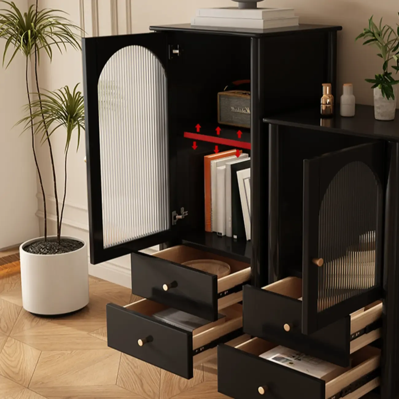 Modern Black Gold Wood Adjustable Shelves Glass Door Cabinet Image - 12