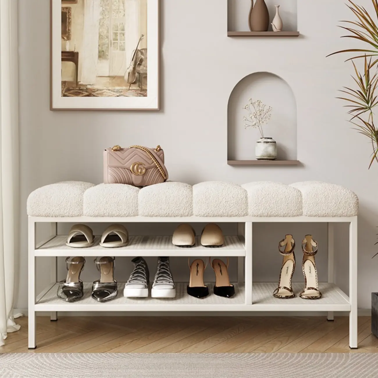 Entryway Square White Upholstered Shoe Storage Bench HomeyFad