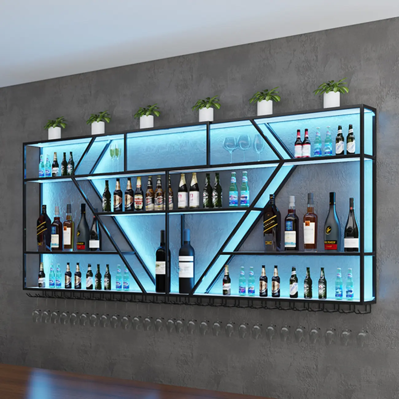 Geometric Metal Wall-Mounted Wine Rack with Glass Shelf Image - 1 | homeyfad