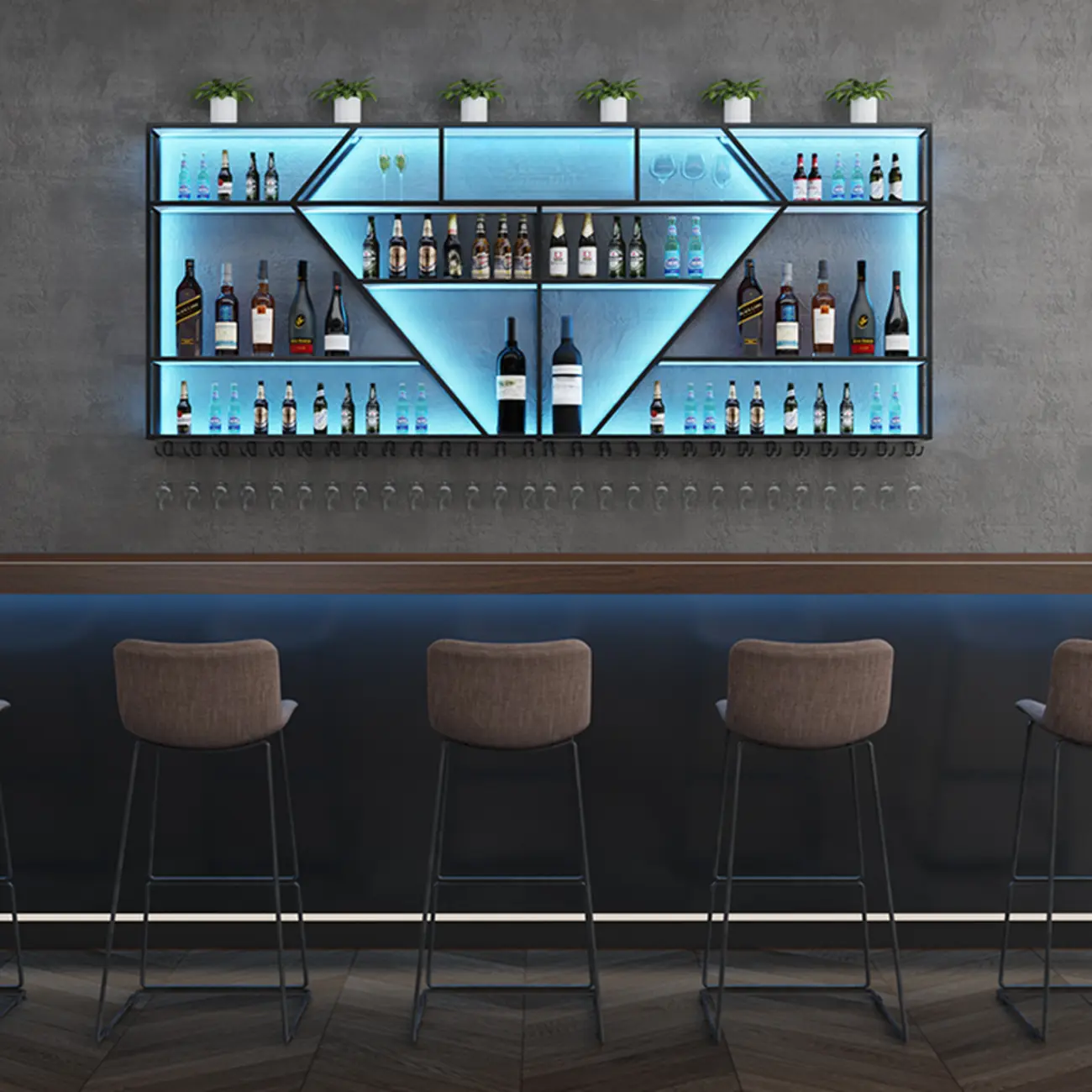 Geometric Metal Wall-Mounted Wine Rack with Glass Shelf Image - 2 | homeyfad