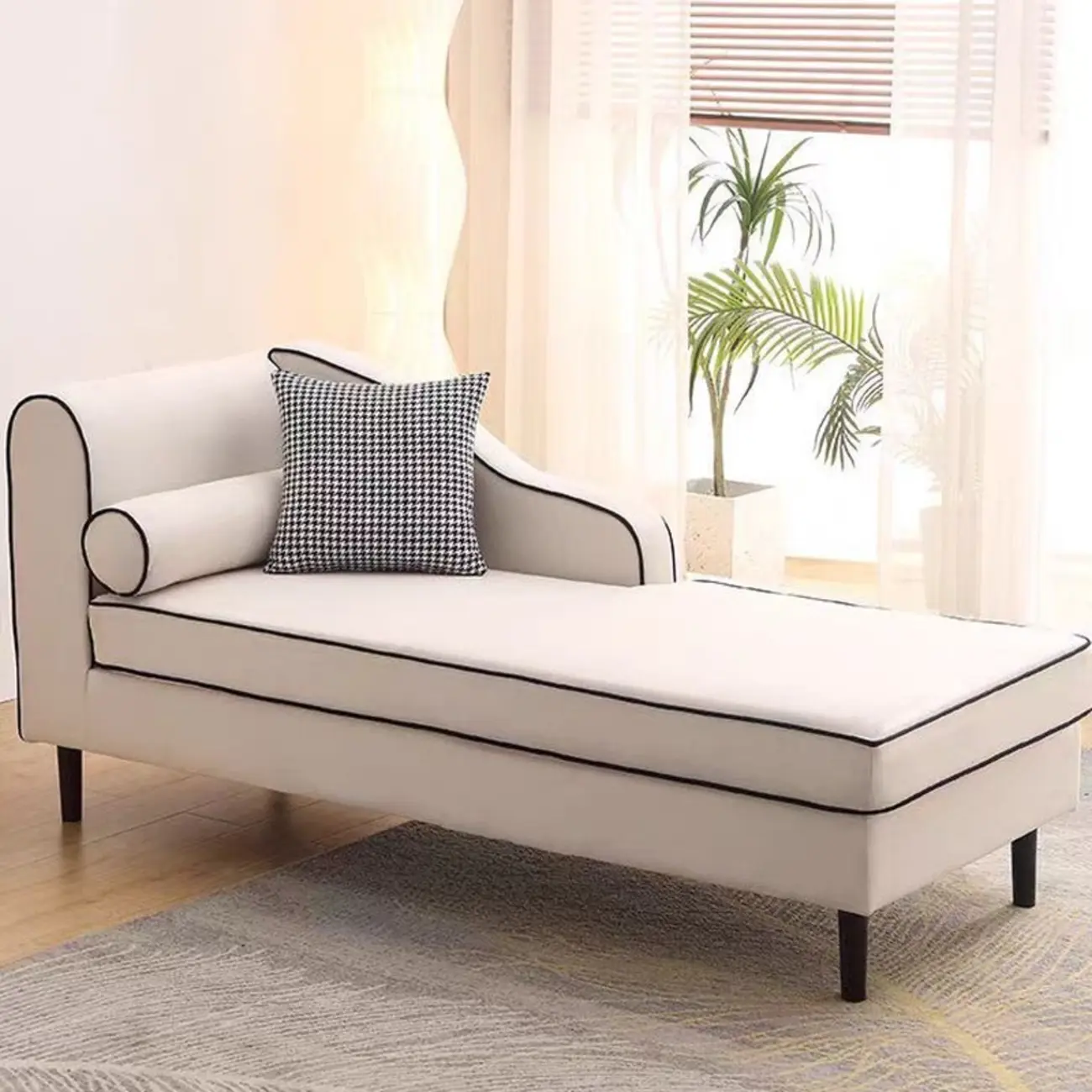 Traditional Beige Fabric Upholstered Roll Arm Chaise Lounge Image - 2 | homeyfad