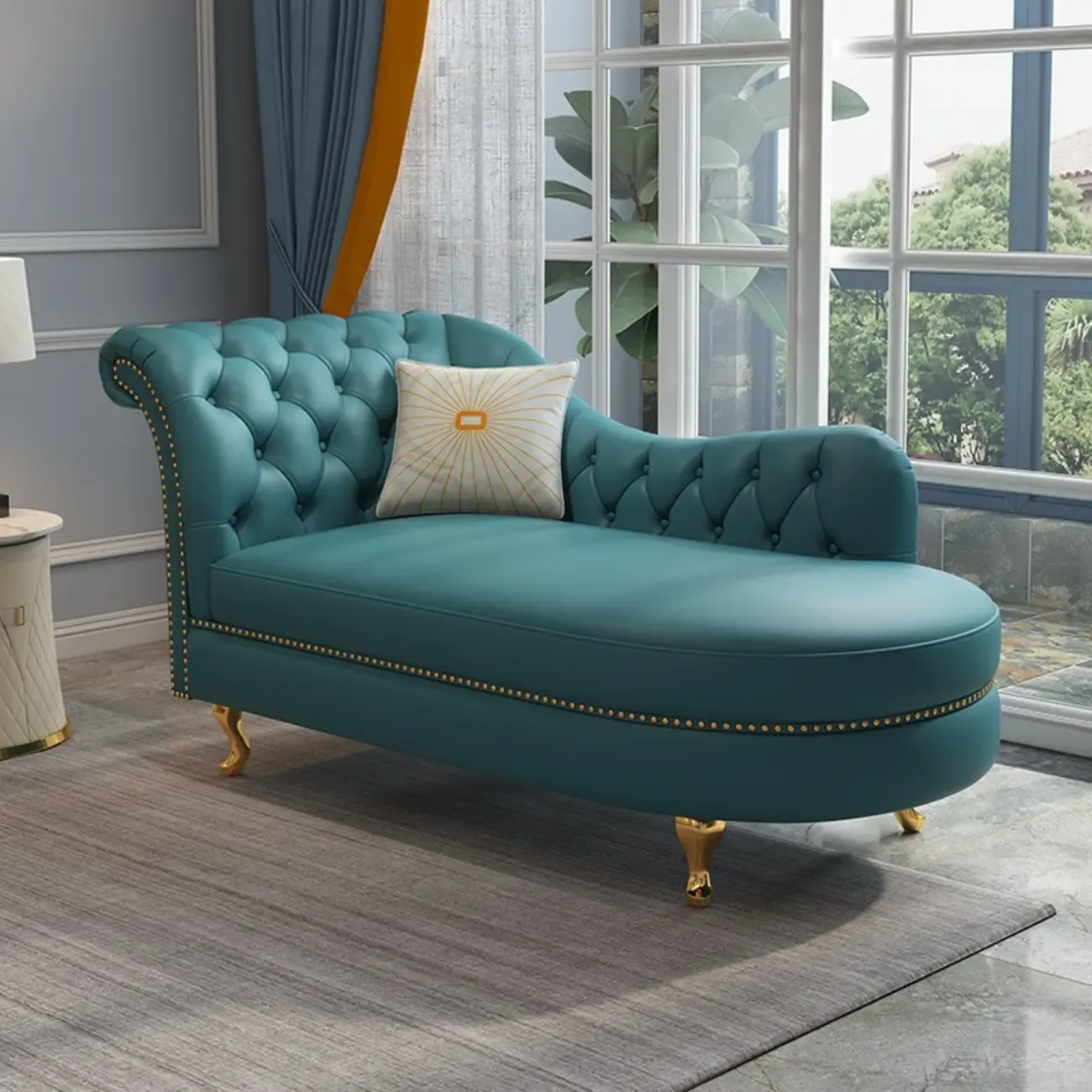 Luxurious Upholstered Chaise Lounge with Nailhead trim for Home Image - 5