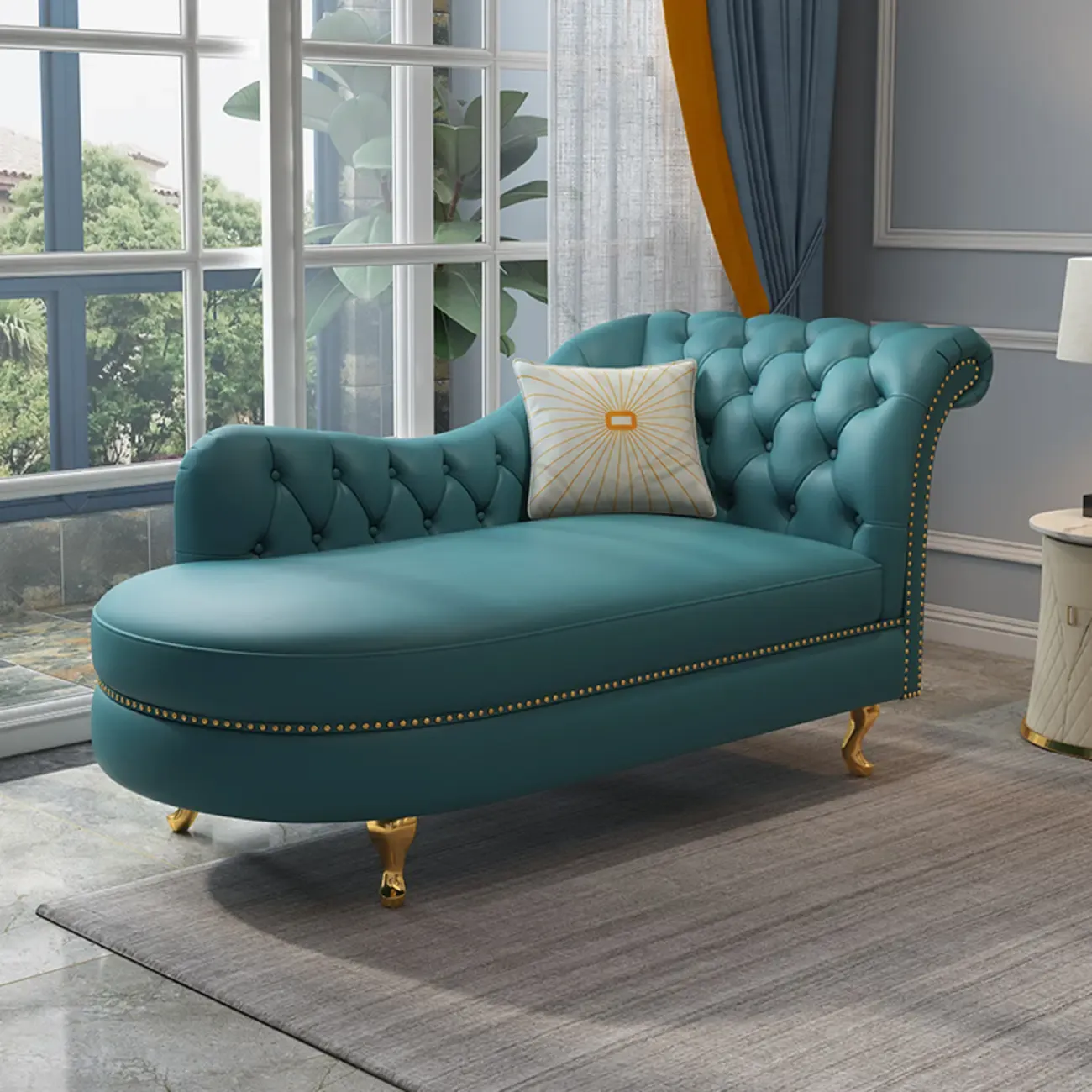 Luxurious Upholstered Chaise Lounge with Nailhead trim for Home Image - 2