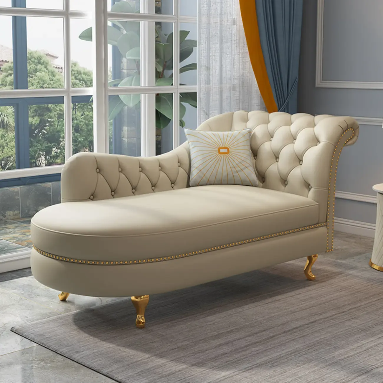 Luxurious Upholstered Chaise Lounge with Nailhead trim for Home Image - 3