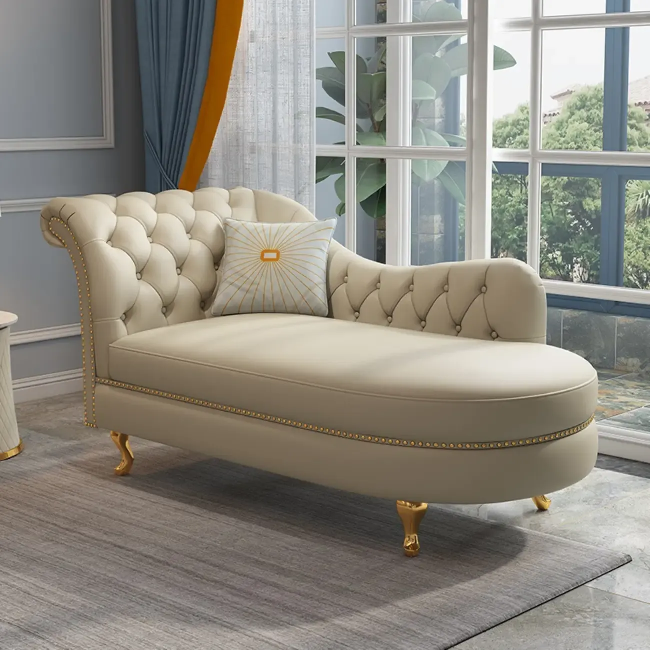 Luxurious Upholstered Chaise Lounge with Nailhead trim for Home Image - 7