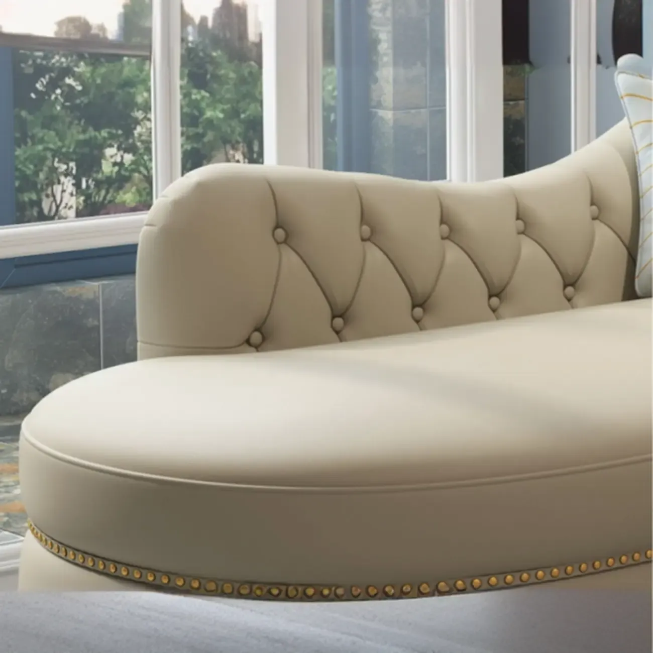 Luxurious Upholstered Chaise Lounge with Nailhead trim for Home Image - 9