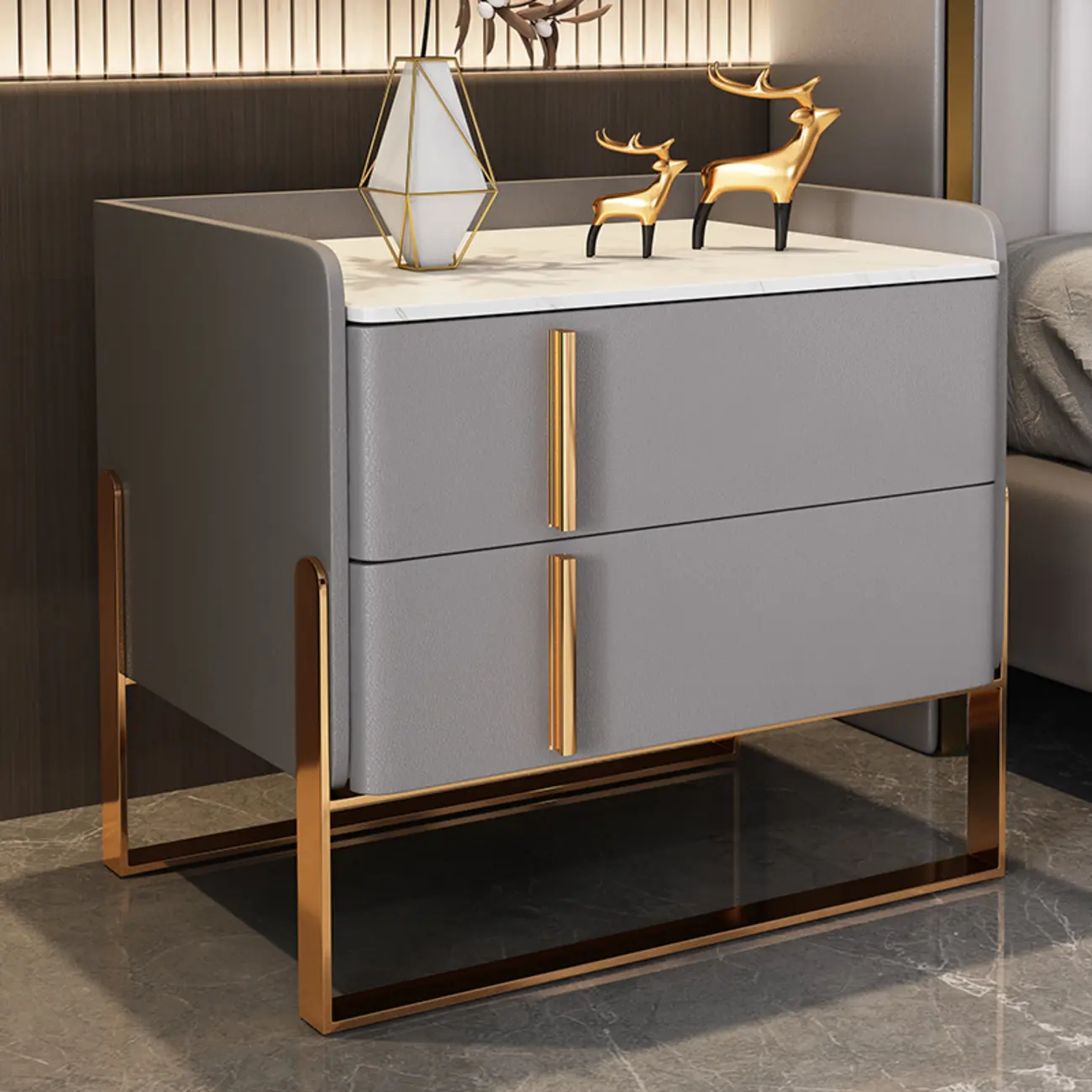 2-Drawer Luxe Gold Bracket Stone Top Leather Nightstand Image - 1 | homeyfad