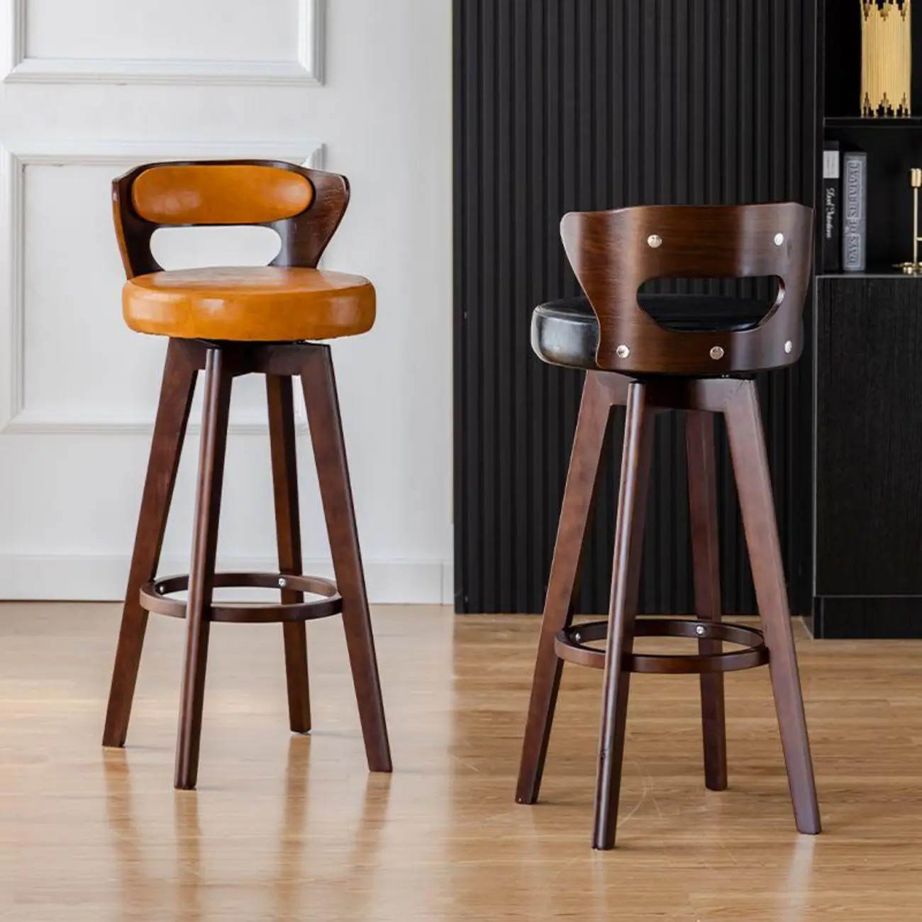 Wooden Upholstered Swivel Low Back Bar Stools Image - 1 | homeyfad